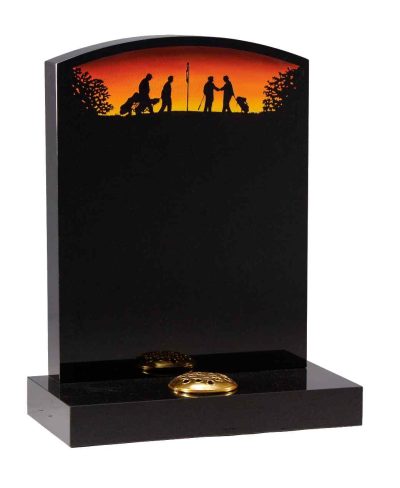 Black Granite Oval Top Headstone with Golf Scene Design