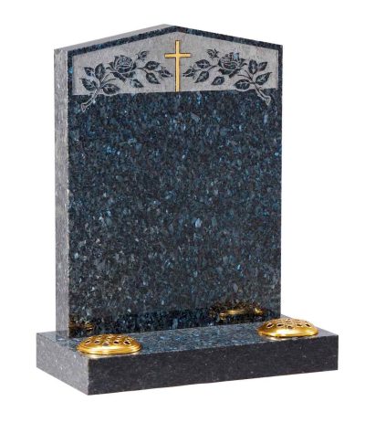 Blue Pearl Granite Headstone with Rose and Cross Design